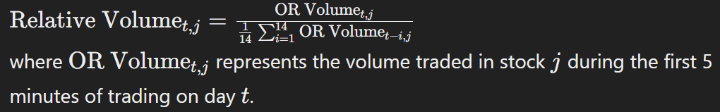 Relative Volume for a stock on a particular day is calculated as follows: